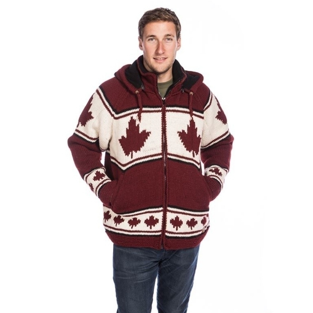 Northern Lifestyle Canadian Flag Maple Leaf Wool Knit Hoodie Coat Jacket Men's L